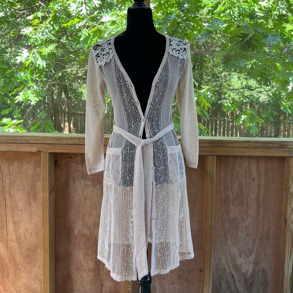 Ryu Women's Open Knit Longline Lace Trim Cardigan Color Blush Size S. NEW